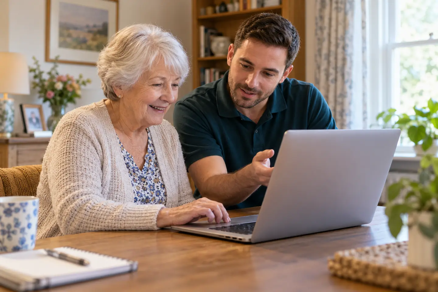Illustrative scene of an older adult receiving one-to-one laptop guidance at home