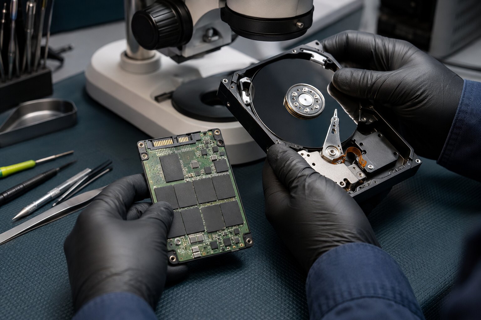 Technician safely inspecting hard drive and solid-state storage devices on an antistatic bench