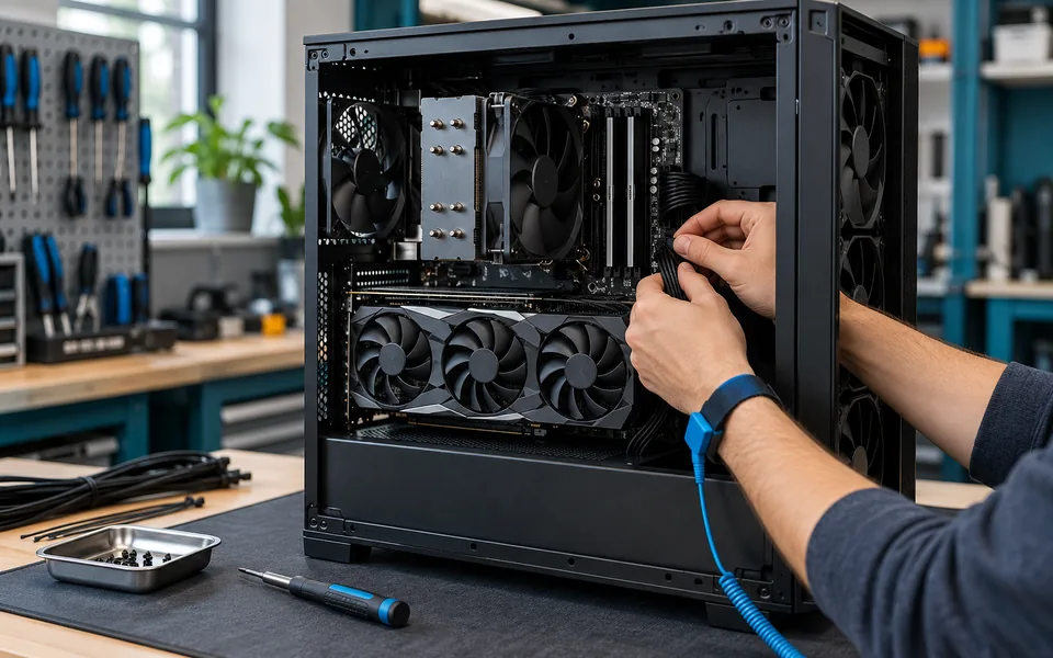 Technician inspecting internal connections in an open gaming desktop on an ESD-safe workbench