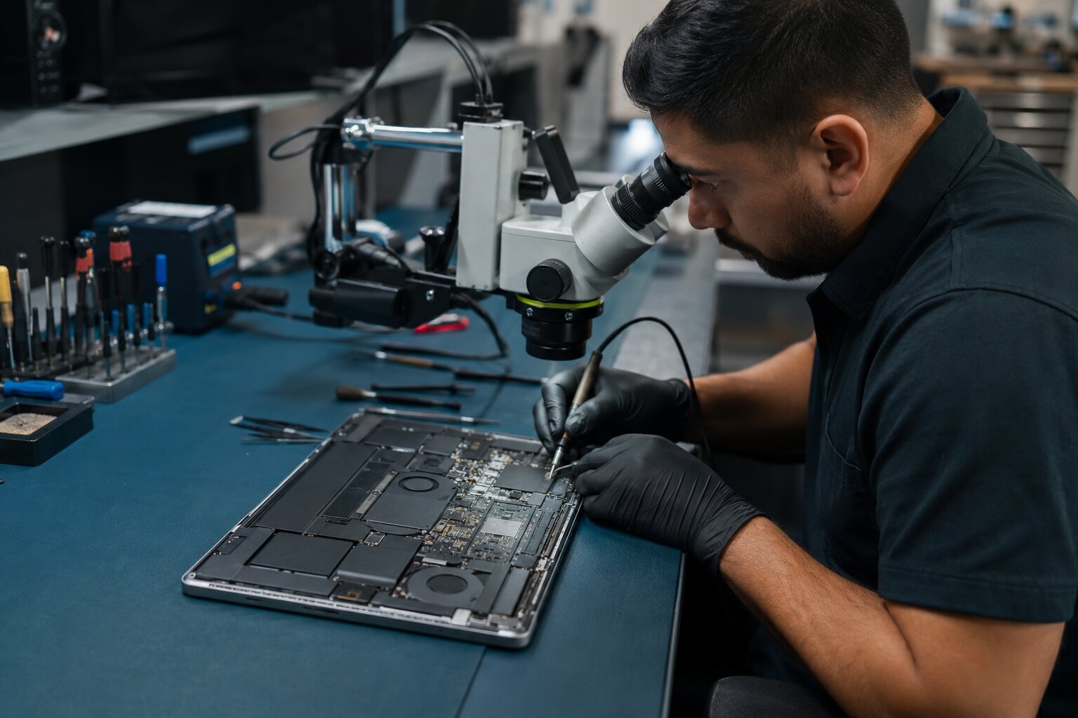 Technician performing careful laptop motherboard diagnostics at a professional repair bench