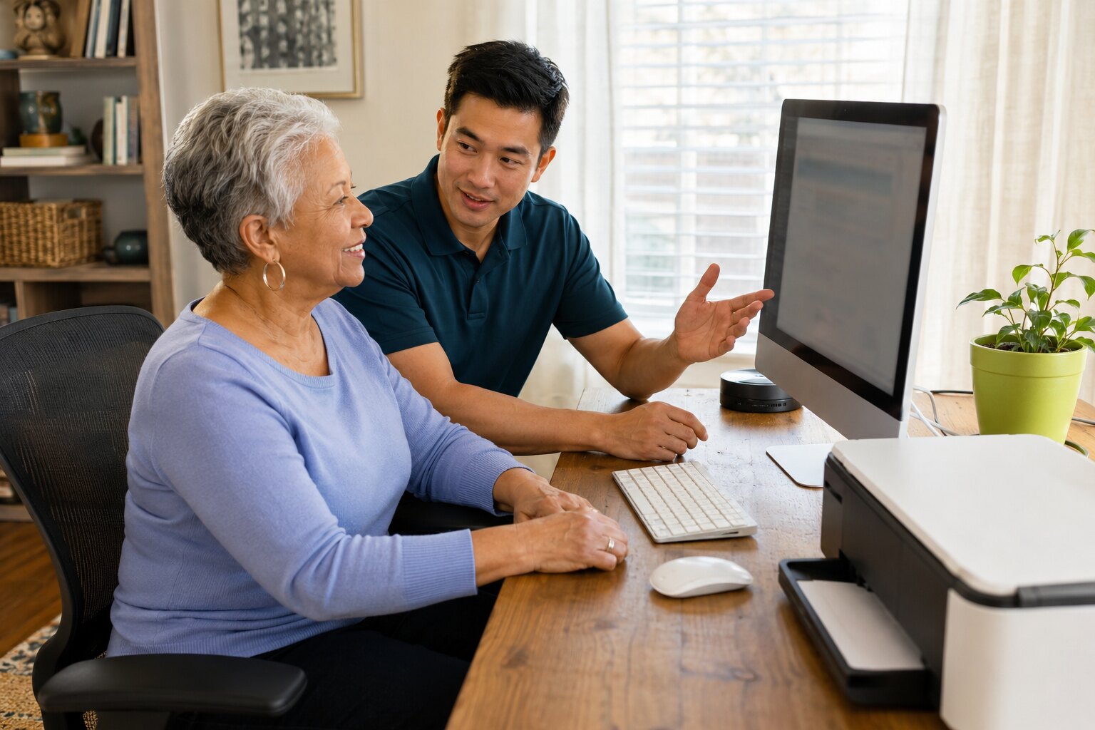 Mashfix technician helping an older adult with a home computer and printer